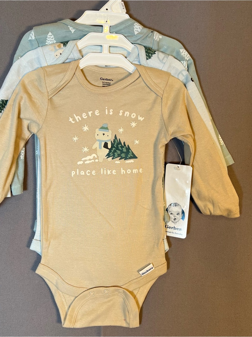 Gerber Baby 3-6 month 3 Piece Bodysuit Set ‘Snow Place Like Home’ Trees